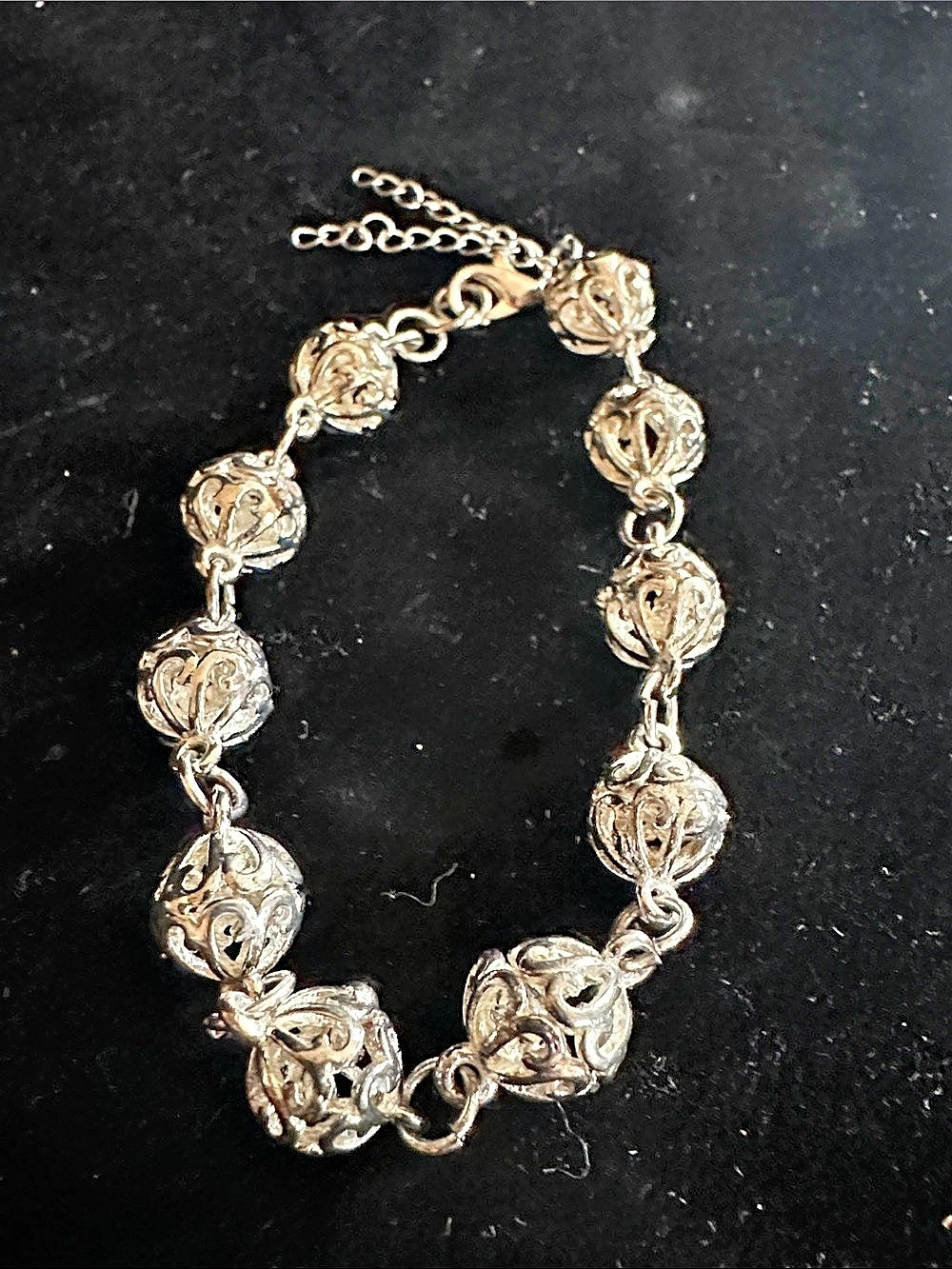 Ornate Silver Tone Openwork Filigree Ball Bead Statement Bracelet DUPE of RIPKA
